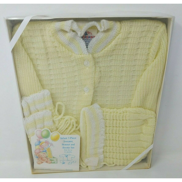 Cradle Knit Infant Baby Sweater‎ Hat Bootie Set Yellow VTG 1970s 70s 80s 1980s - Picture 1 of 9